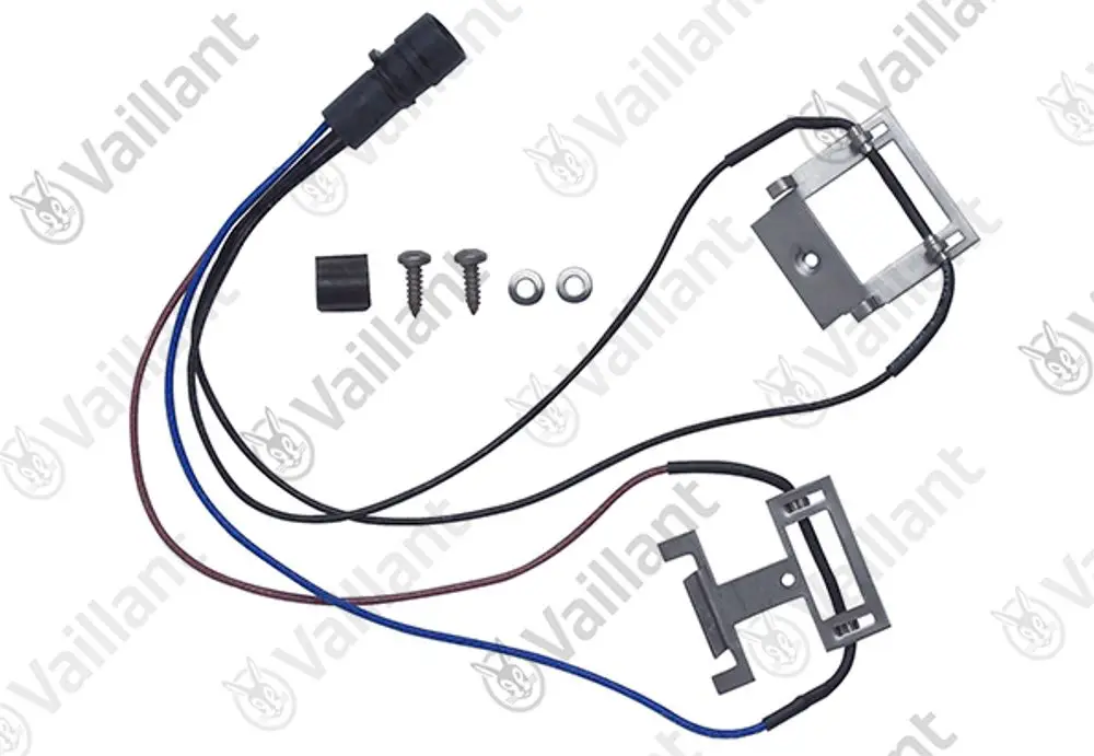 Vaillant Abgassensor mit Kabelstecker und Montagezubehör, bestehend aus Metallrahmen, Schrauben und Dichtungen, für die Installation in Heizungsanlagen.